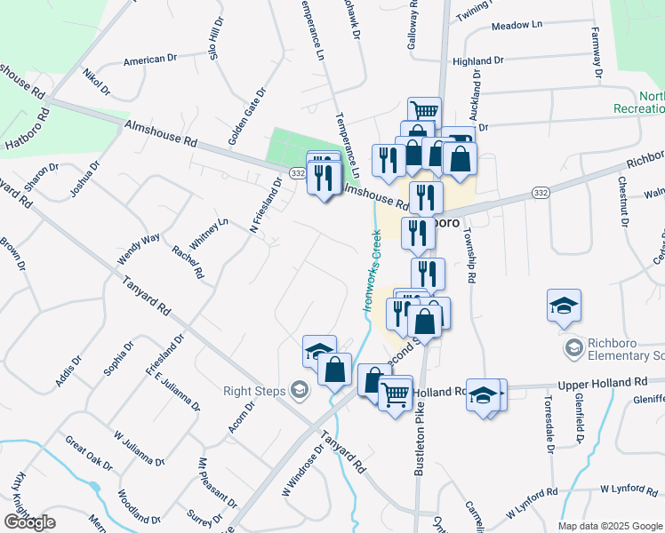 map of restaurants, bars, coffee shops, grocery stores, and more near 171 West Elizabeth Lane in Richboro