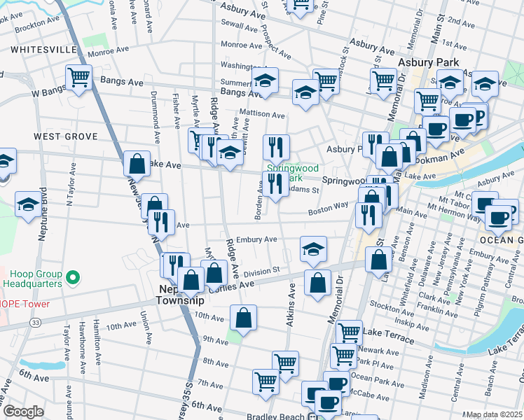 map of restaurants, bars, coffee shops, grocery stores, and more near 8 Borden Avenue in Asbury Park