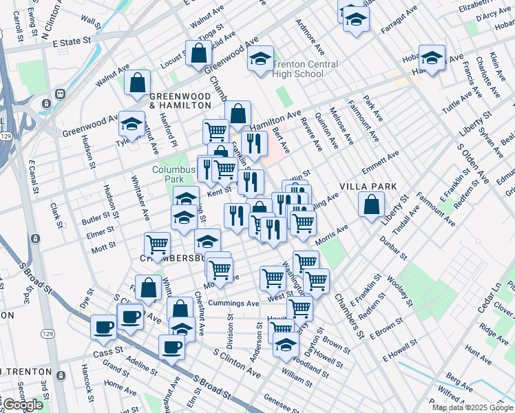 map of restaurants, bars, coffee shops, grocery stores, and more near 158 Washington Street in Trenton