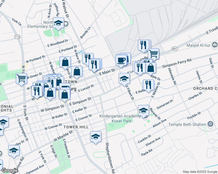 map of restaurants, bars, coffee shops, grocery stores, and more near 122 South Chestnut Street in Mechanicsburg