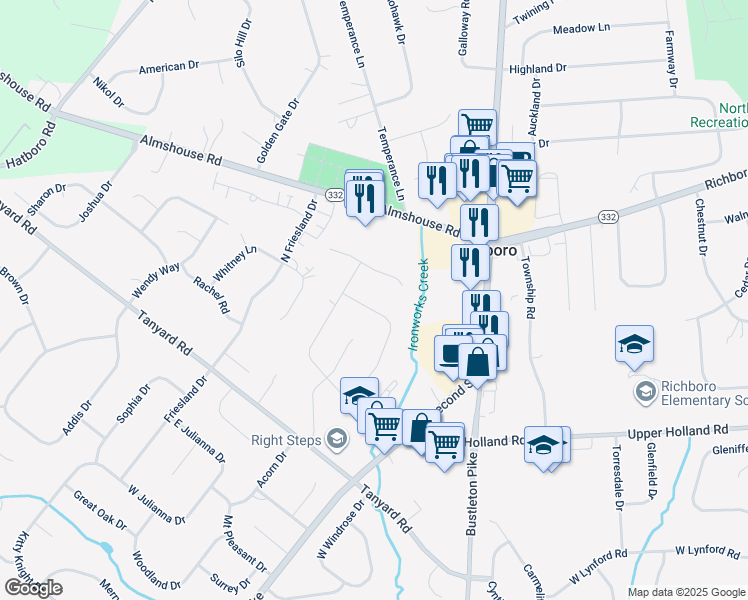 map of restaurants, bars, coffee shops, grocery stores, and more near 171 West Elizabeth Lane in Richboro