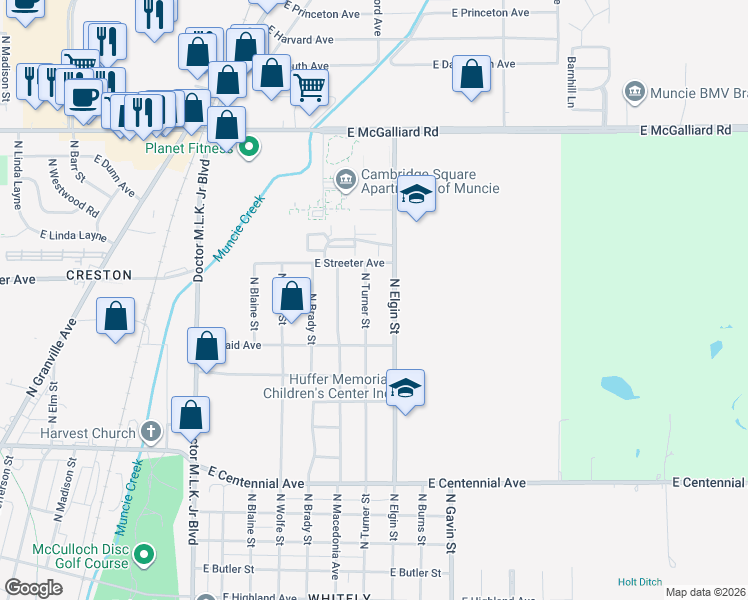 map of restaurants, bars, coffee shops, grocery stores, and more near 2308 North Turner Street in Muncie