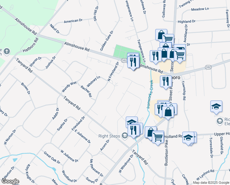 map of restaurants, bars, coffee shops, grocery stores, and more near 153 Whitney Lane in Richboro