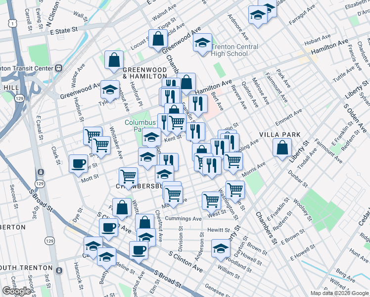 map of restaurants, bars, coffee shops, grocery stores, and more near 128 Anderson Street in Trenton