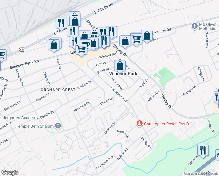 map of restaurants, bars, coffee shops, grocery stores, and more near 130 Lancaster Boulevard in Mechanicsburg