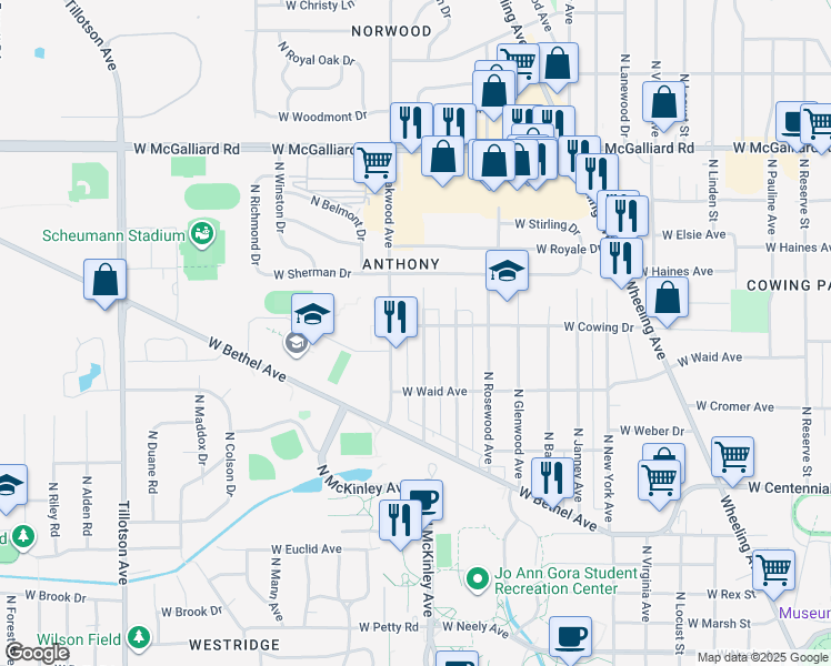 map of restaurants, bars, coffee shops, grocery stores, and more near 2311 North Hollywood Avenue in Muncie