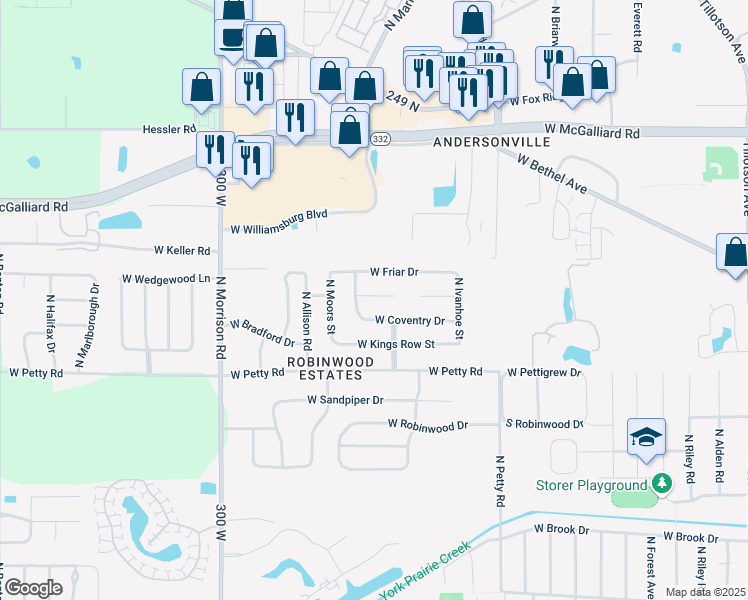 map of restaurants, bars, coffee shops, grocery stores, and more near 4301 W Castleton Ct in Muncie