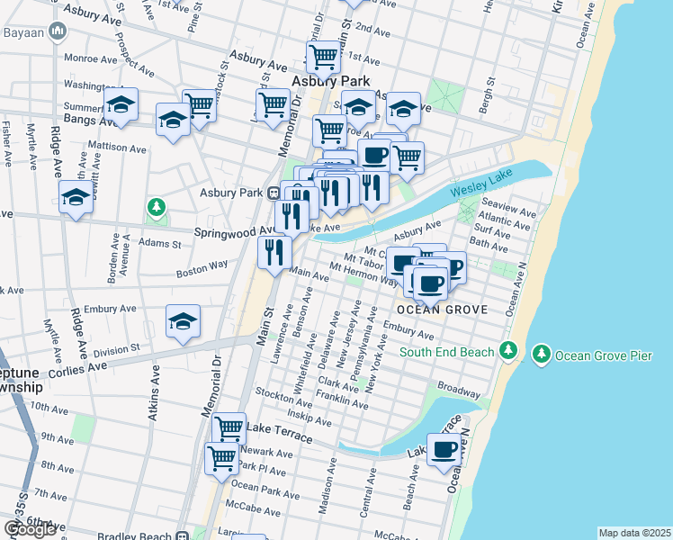 map of restaurants, bars, coffee shops, grocery stores, and more near 124 Mount Hermon Way in Neptune Township
