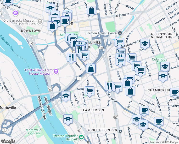map of restaurants, bars, coffee shops, grocery stores, and more near in Trenton