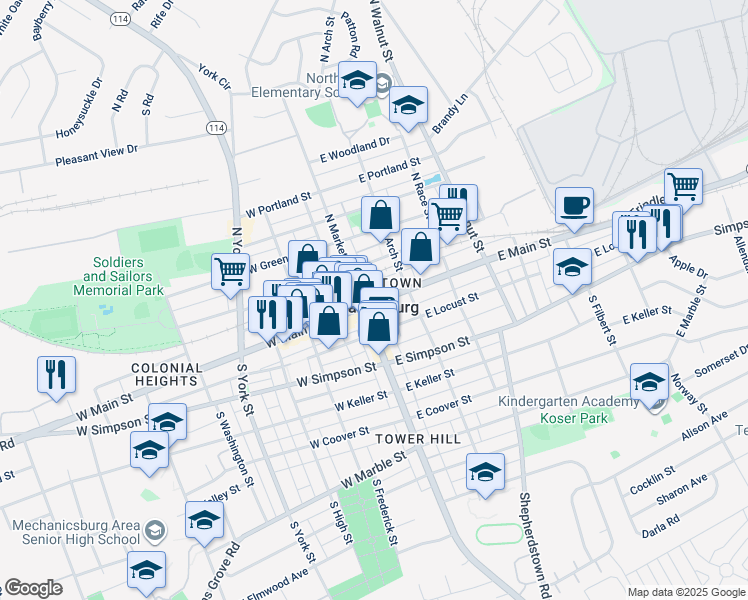 map of restaurants, bars, coffee shops, grocery stores, and more near 38 East Main Street in Mechanicsburg