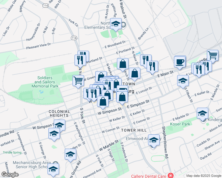 map of restaurants, bars, coffee shops, grocery stores, and more near in Mechanicsburg