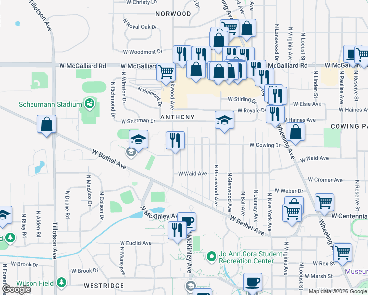 map of restaurants, bars, coffee shops, grocery stores, and more near 2311 North Hollywood Avenue in Muncie