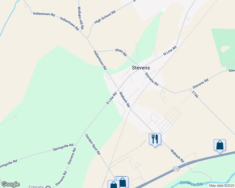 map of restaurants, bars, coffee shops, grocery stores, and more near 105 South Line Road in Ephrata