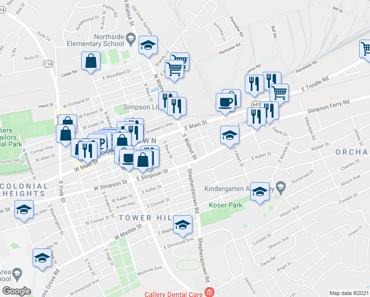 map of restaurants, bars, coffee shops, grocery stores, and more near 232 East Locust Street in Mechanicsburg