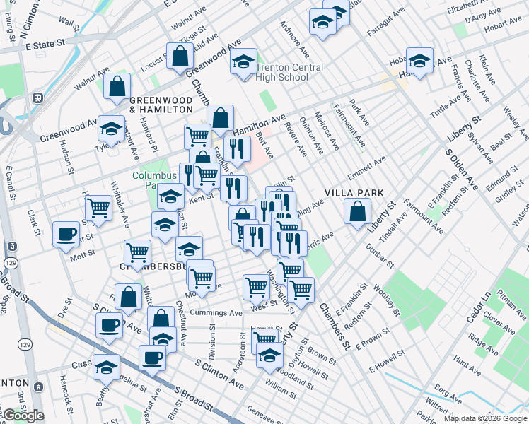 map of restaurants, bars, coffee shops, grocery stores, and more near 799 Chambers Street in Trenton