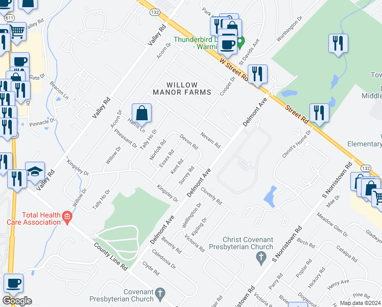 map of restaurants, bars, coffee shops, grocery stores, and more near 299 Kent Road in Warminster