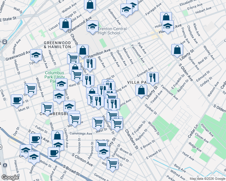 map of restaurants, bars, coffee shops, grocery stores, and more near 364 Commonwealth Ave in Trenton