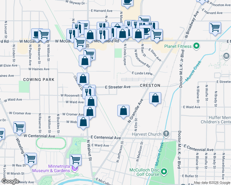 map of restaurants, bars, coffee shops, grocery stores, and more near 306 East Cowing Drive in Muncie