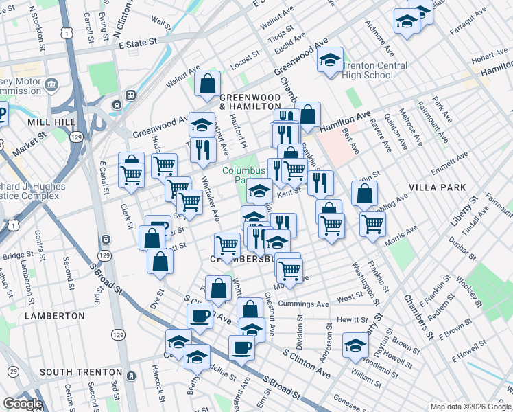 map of restaurants, bars, coffee shops, grocery stores, and more near 21 Kent Street in Trenton