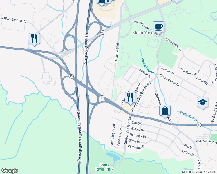 map of restaurants, bars, coffee shops, grocery stores, and more near 41 Locust Grove Road in Tinton Falls