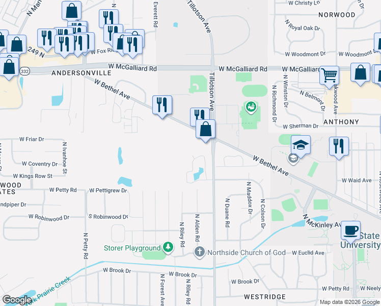 map of restaurants, bars, coffee shops, grocery stores, and more near 3043 W Applewood Ct in Muncie