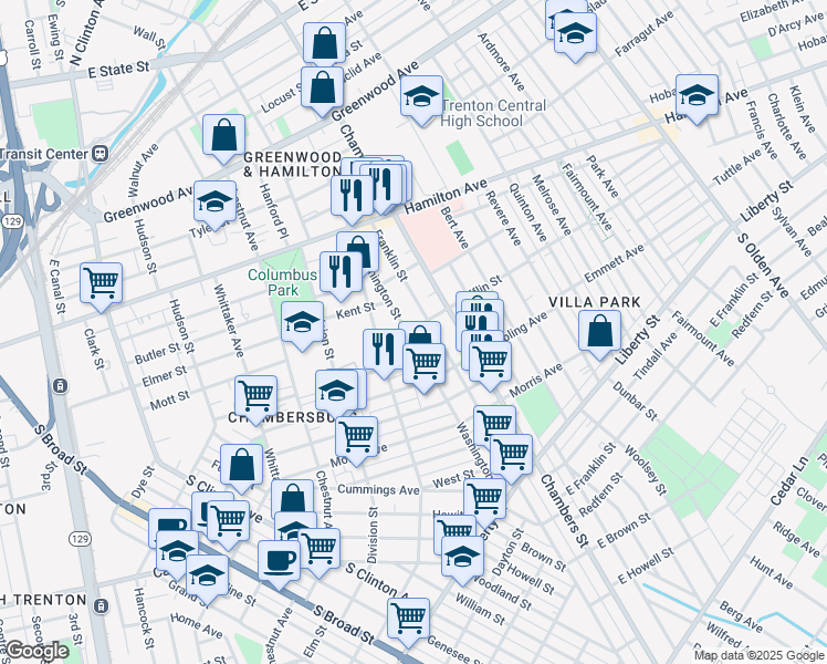 map of restaurants, bars, coffee shops, grocery stores, and more near 154 Washington Street in Trenton