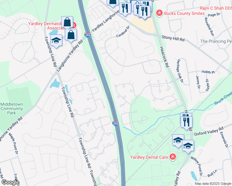 map of restaurants, bars, coffee shops, grocery stores, and more near 502 Cedar Hollow Drive in Yardley