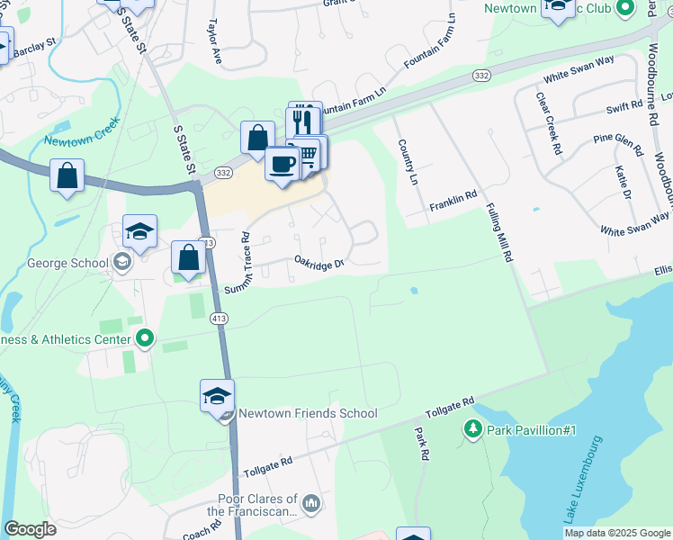 map of restaurants, bars, coffee shops, grocery stores, and more near 237 Oakridge Drive in Langhorne