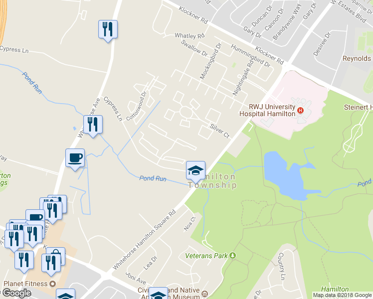 map of restaurants, bars, coffee shops, grocery stores, and more near 65 Lehavre Court in Hamilton Township