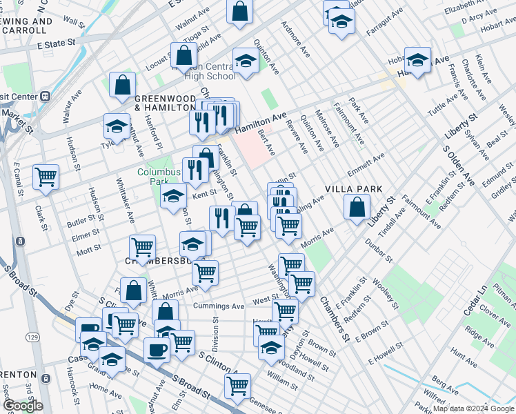 map of restaurants, bars, coffee shops, grocery stores, and more near 214 Franklin Street in Trenton
