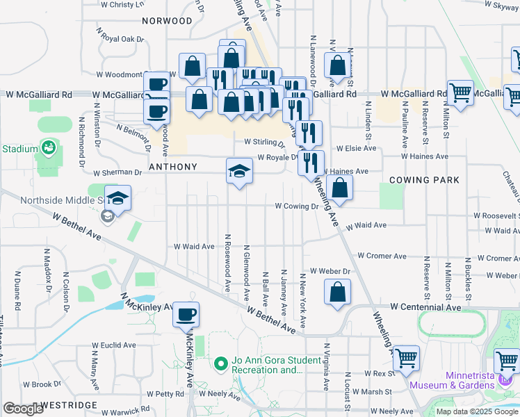 map of restaurants, bars, coffee shops, grocery stores, and more near 2313 North Ball Avenue in Muncie