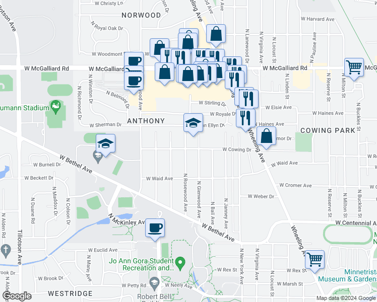 map of restaurants, bars, coffee shops, grocery stores, and more near 2312 North Rosewood Avenue in Muncie