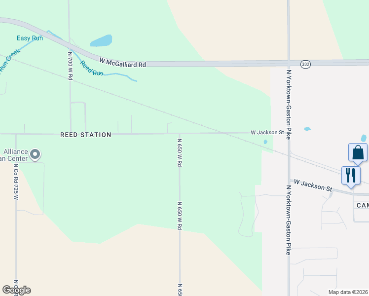 map of restaurants, bars, coffee shops, grocery stores, and more near 2392 North 650 West Road in Yorktown