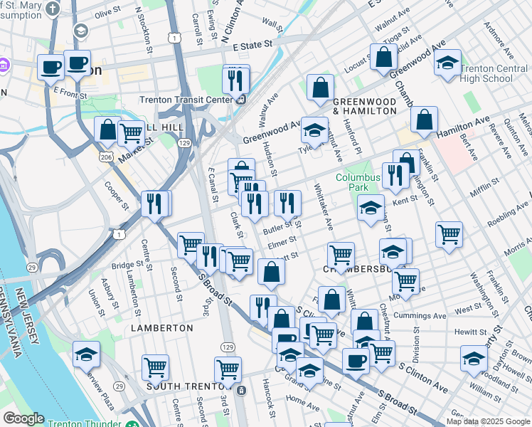 map of restaurants, bars, coffee shops, grocery stores, and more near 26 Bayard Street in Trenton