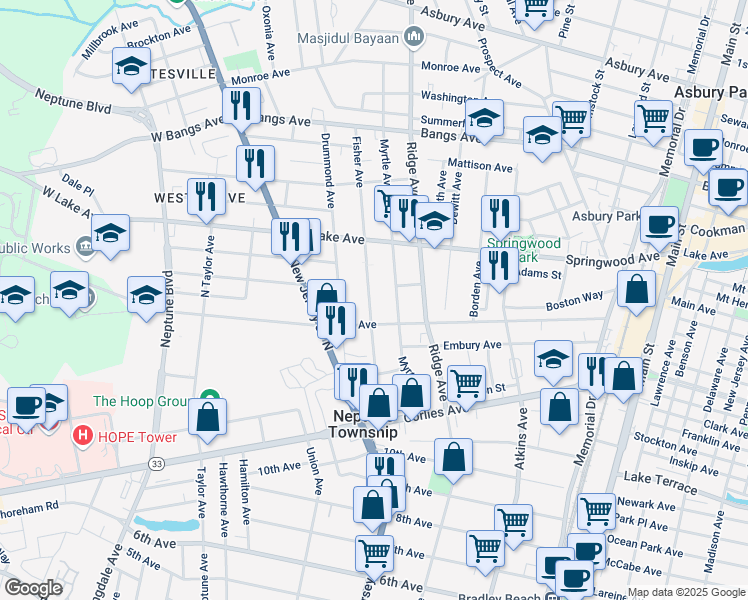 map of restaurants, bars, coffee shops, grocery stores, and more near 224 Fisher Avenue in Neptune City