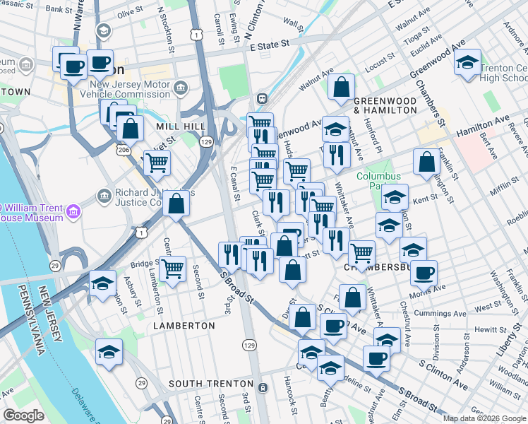 map of restaurants, bars, coffee shops, grocery stores, and more near 519 South Clinton Avenue in Trenton