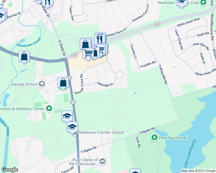 map of restaurants, bars, coffee shops, grocery stores, and more near 23 Oakridge Drive in Langhorne