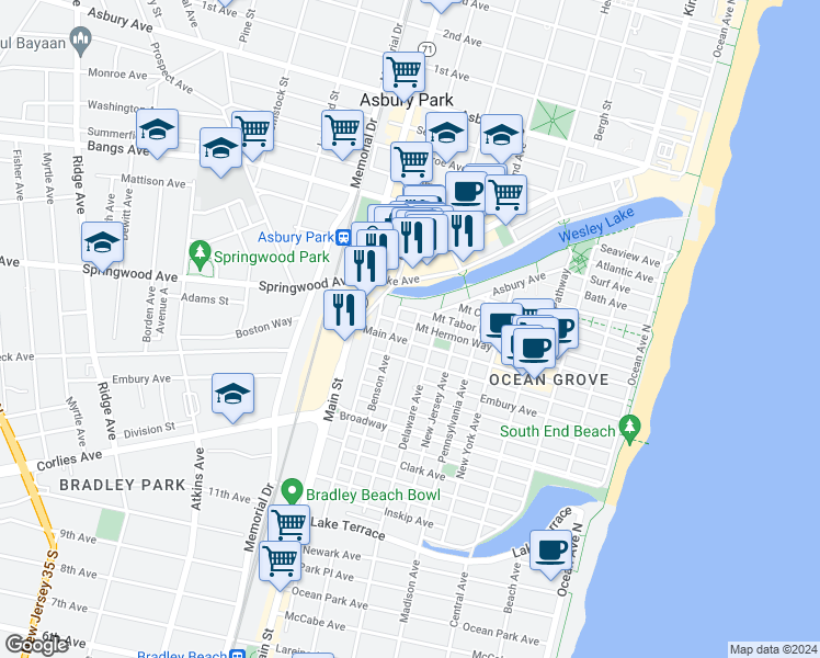 map of restaurants, bars, coffee shops, grocery stores, and more near 128 Mount Hermon Way in Neptune Township