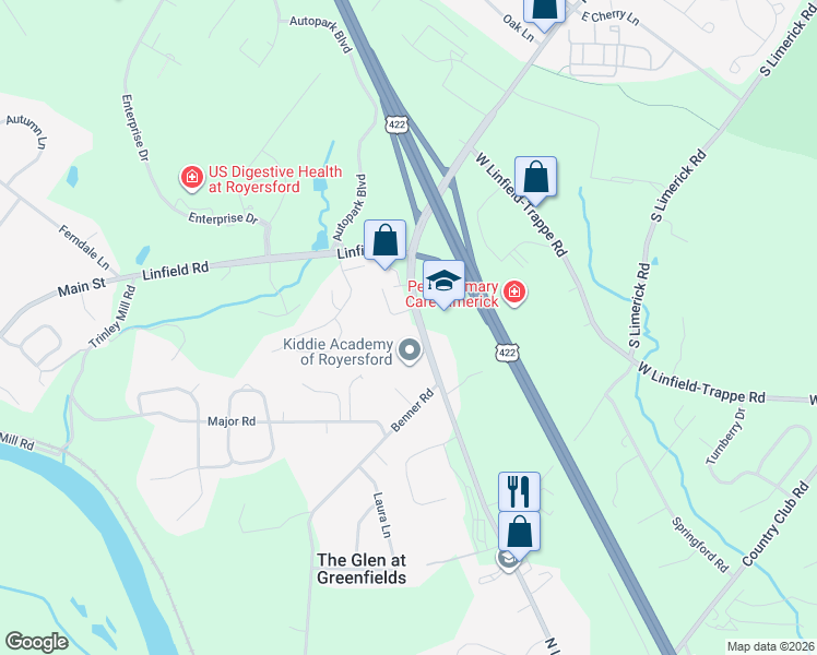 map of restaurants, bars, coffee shops, grocery stores, and more near 543 North Lewis Road in Royersford
