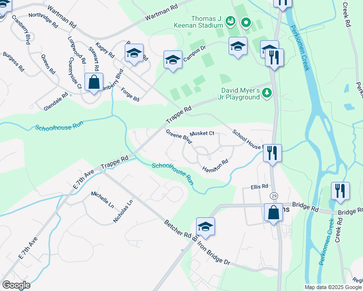 map of restaurants, bars, coffee shops, grocery stores, and more near 806 Red Coat Road in Collegeville