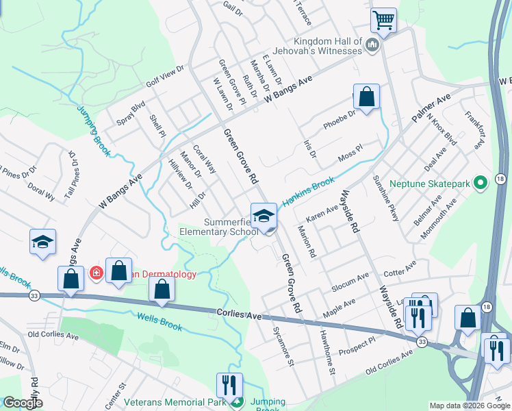 map of restaurants, bars, coffee shops, grocery stores, and more near 3 Brookside Road in Neptune City