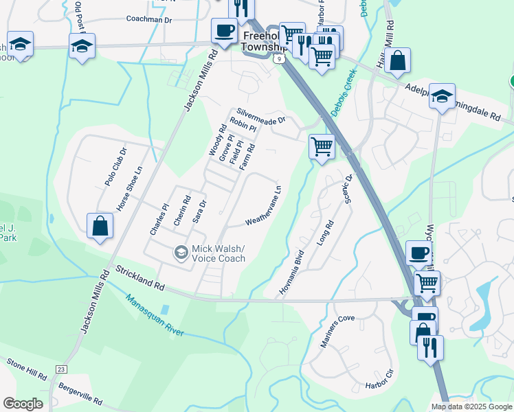 map of restaurants, bars, coffee shops, grocery stores, and more near 4402 Pepperidge Court in Freehold