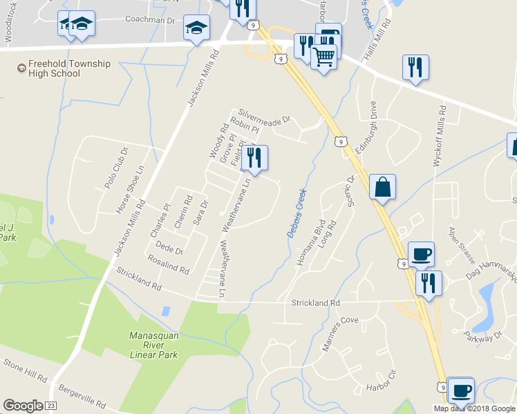 map of restaurants, bars, coffee shops, grocery stores, and more near 4402 Pepperidge Court in Freehold