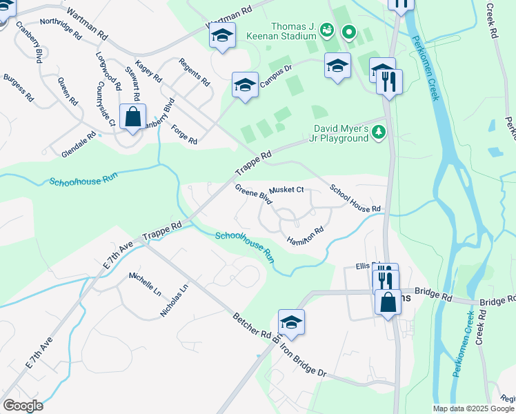 map of restaurants, bars, coffee shops, grocery stores, and more near 806 Red Coat Road in Collegeville