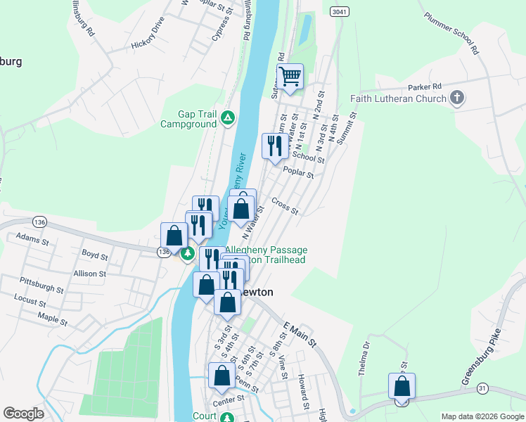 map of restaurants, bars, coffee shops, grocery stores, and more near 160 North Water Street in West Newton