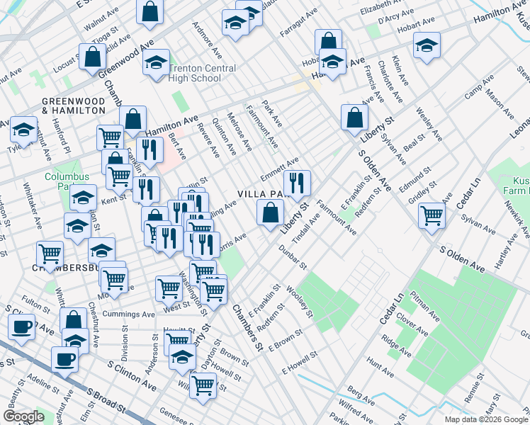 map of restaurants, bars, coffee shops, grocery stores, and more near 1031 Revere Avenue in Trenton