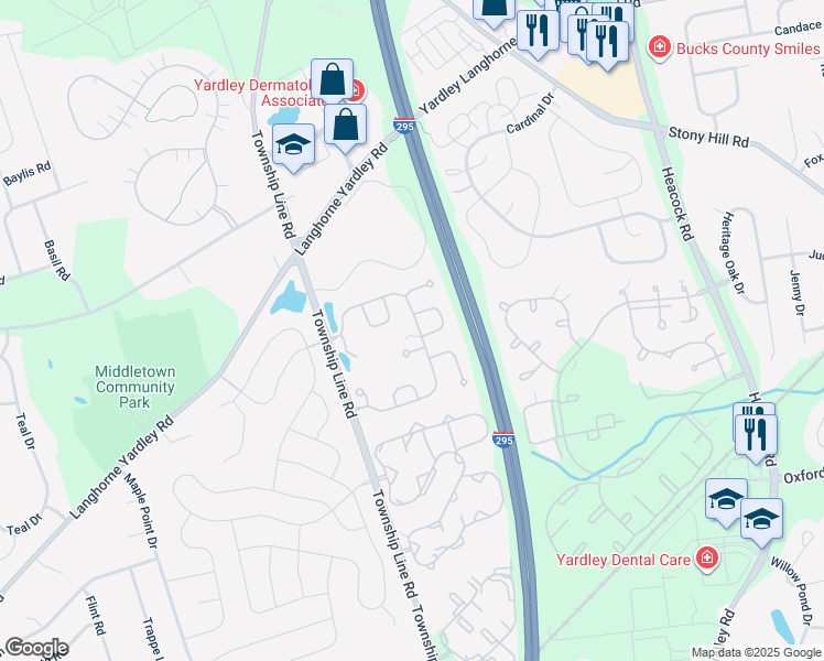 map of restaurants, bars, coffee shops, grocery stores, and more near 513 Palmer Farm Drive in Yardley
