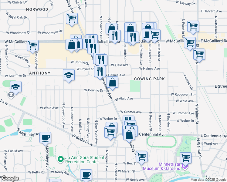 map of restaurants, bars, coffee shops, grocery stores, and more near 999 West Cowing Drive in Muncie