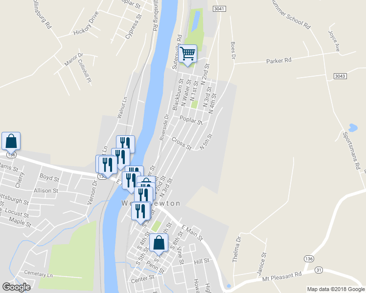 map of restaurants, bars, coffee shops, grocery stores, and more near 172 North 2nd Street in West Newton