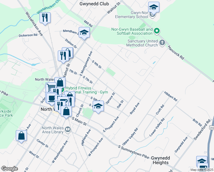 map of restaurants, bars, coffee shops, grocery stores, and more near 336 South 8th Street in North Wales